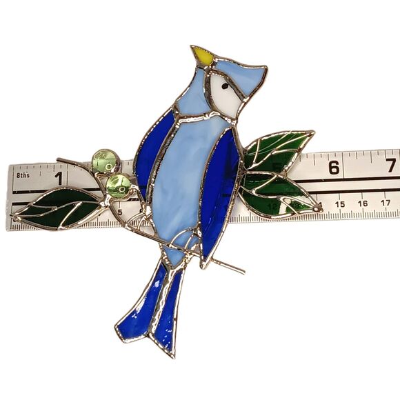 Vintage Handmade Leaded Bird Blue Jay Stained Glass Suncatcher Hanging Decor - Picture 4 of 5